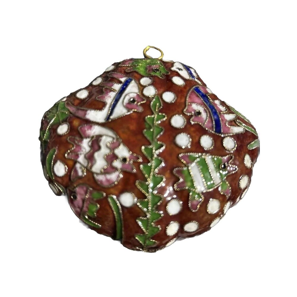 Cloisonné Enameled Clam Shell Fish Christmas Ornament 3.5"x4" Hanging Metal EUC